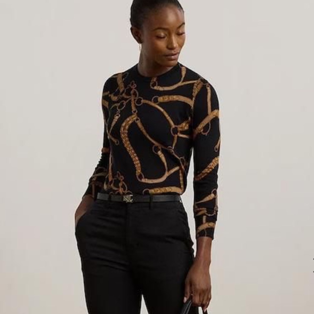 Lauren Ralph Lauren Belting Print Equestrian Top Cotton Stretch Long Sleeve XL